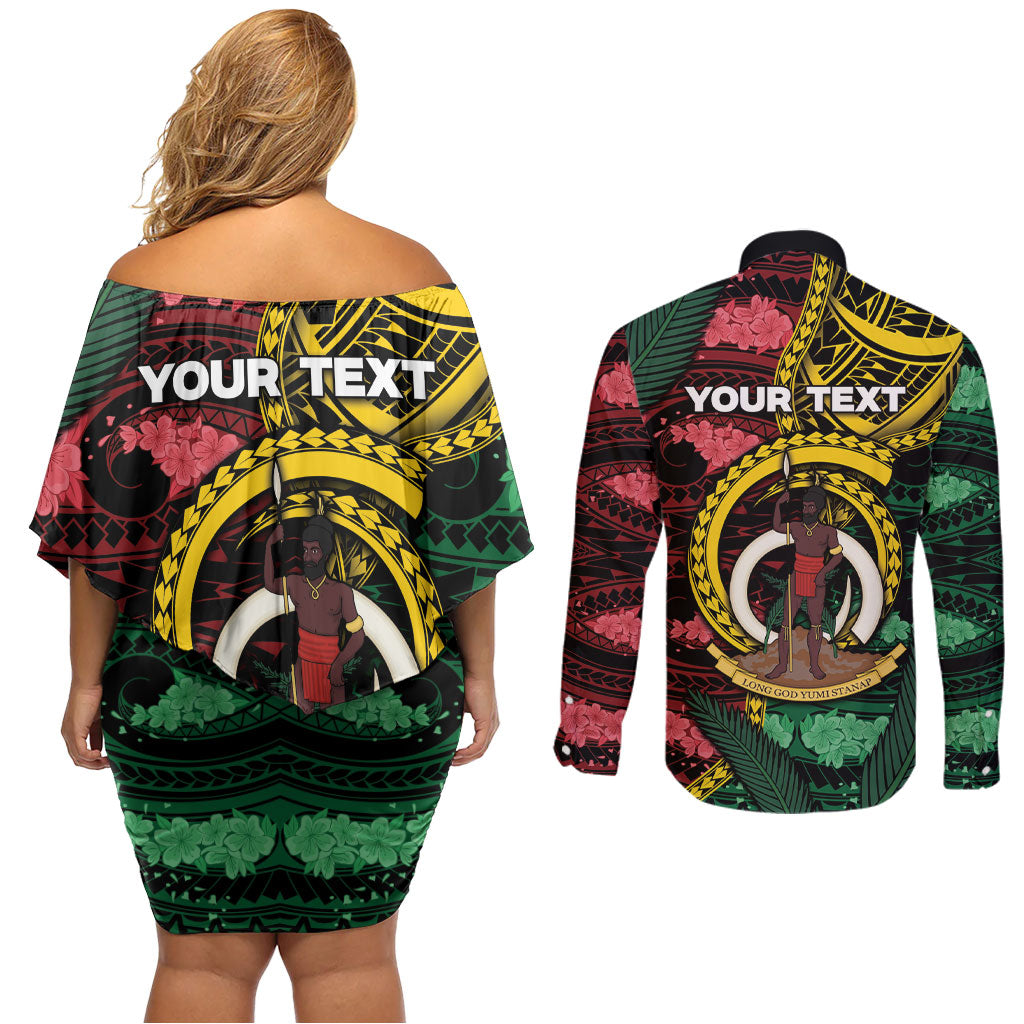 Personalised Vanuatu Independence Day Couples Matching Off Shoulder Short Dress and Long Sleeve Button Shirt Boar Tusk Warrior Tribal Floral Patterns DT05 - Polynesian Pride