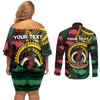Personalised Vanuatu Independence Day Couples Matching Off Shoulder Short Dress and Long Sleeve Button Shirt Boar Tusk Warrior Tribal Floral Patterns DT05 - Polynesian Pride