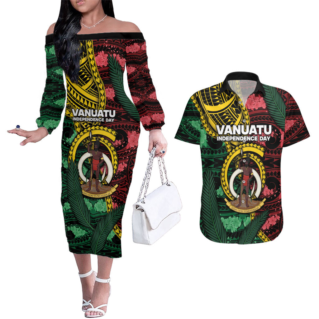Personalised Vanuatu Independence Day Couples Matching Off The Shoulder Long Sleeve Dress and Hawaiian Shirt Boar Tusk Warrior Tribal Floral Patterns DT05 Multicolor - Polynesian Pride