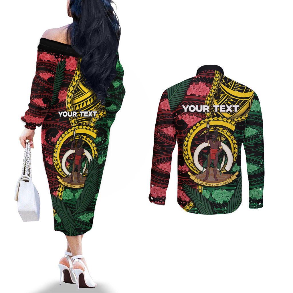 Personalised Vanuatu Independence Day Couples Matching Off The Shoulder Long Sleeve Dress and Long Sleeve Button Shirt Boar Tusk Warrior Tribal Floral Patterns DT05 - Polynesian Pride