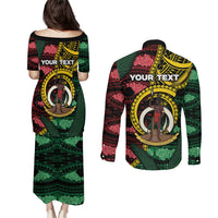 Personalised Vanuatu Independence Day Couples Matching Puletasi and Long Sleeve Button Shirt Boar Tusk Warrior Tribal Floral Patterns DT05 - Polynesian Pride