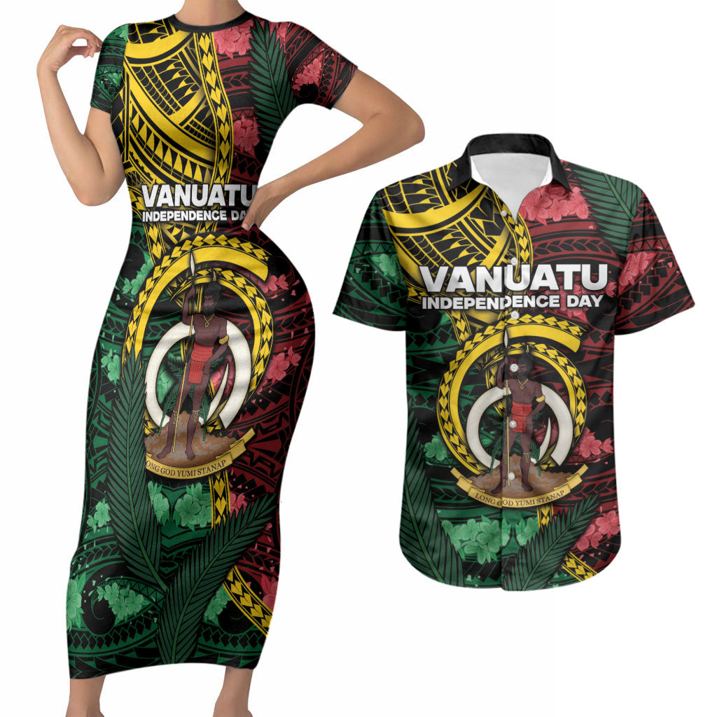 Personalised Vanuatu Independence Day Couples Matching Short Sleeve Bodycon Dress and Hawaiian Shirt Boar Tusk Warrior Tribal Floral Patterns DT05 Multicolor - Polynesian Pride