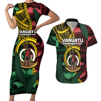 Personalised Vanuatu Independence Day Couples Matching Short Sleeve Bodycon Dress and Hawaiian Shirt Boar Tusk Warrior Tribal Floral Patterns DT05 Multicolor - Polynesian Pride