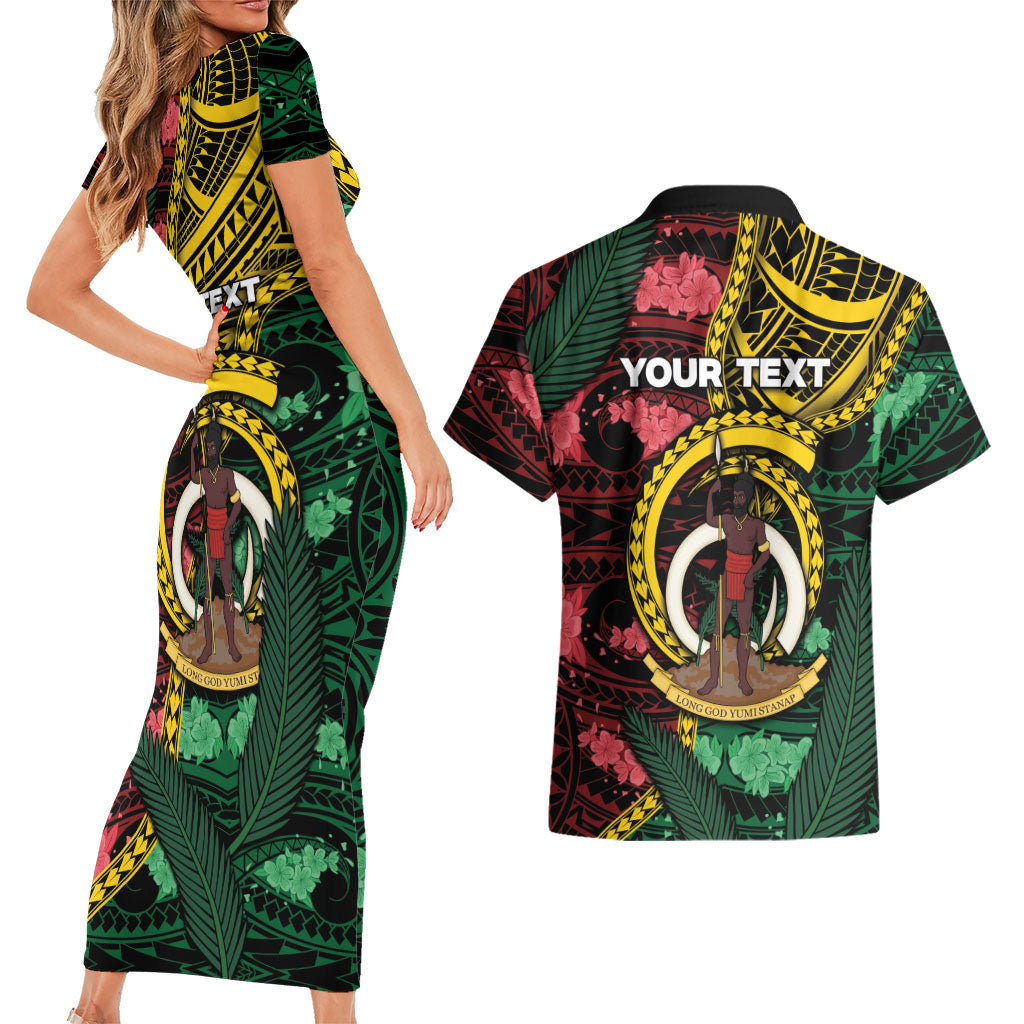 Personalised Vanuatu Independence Day Couples Matching Short Sleeve Bodycon Dress and Hawaiian Shirt Boar Tusk Warrior Tribal Floral Patterns DT05 - Polynesian Pride