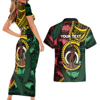Personalised Vanuatu Independence Day Couples Matching Short Sleeve Bodycon Dress and Hawaiian Shirt Boar Tusk Warrior Tribal Floral Patterns DT05 - Polynesian Pride