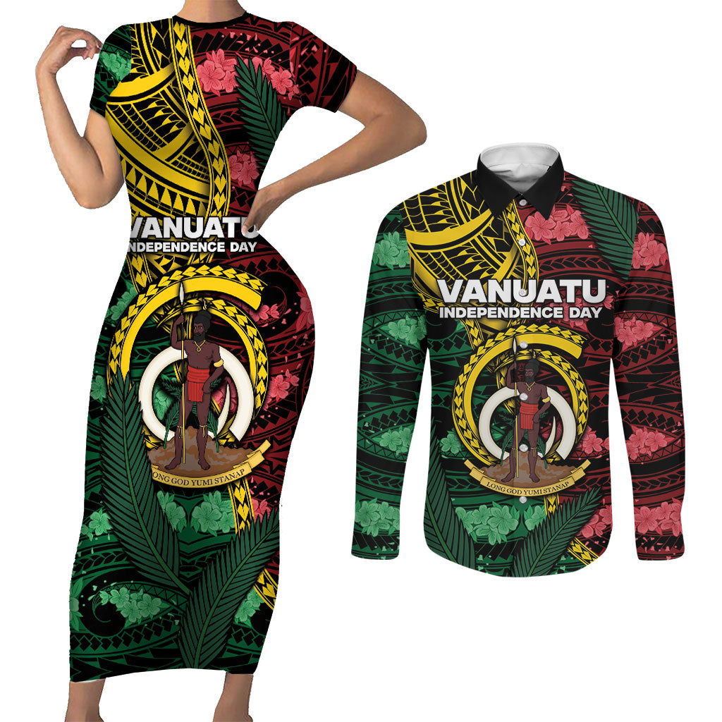 Personalised Vanuatu Independence Day Couples Matching Short Sleeve Bodycon Dress and Long Sleeve Button Shirt Boar Tusk Warrior Tribal Floral Patterns DT05 Multicolor - Polynesian Pride
