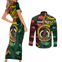 Personalised Vanuatu Independence Day Couples Matching Short Sleeve Bodycon Dress and Long Sleeve Button Shirt Boar Tusk Warrior Tribal Floral Patterns DT05 - Polynesian Pride