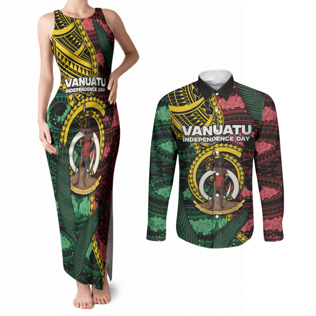 Personalised Vanuatu Independence Day Couples Matching Tank Maxi Dress and Long Sleeve Button Shirt Boar Tusk Warrior Tribal Floral Patterns DT05 Multicolor - Polynesian Pride