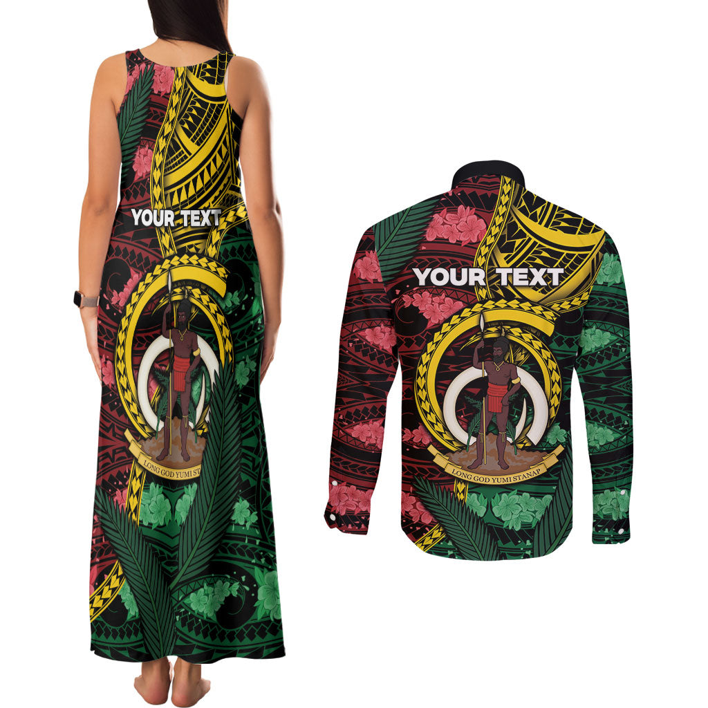 Personalised Vanuatu Independence Day Couples Matching Tank Maxi Dress and Long Sleeve Button Shirt Boar Tusk Warrior Tribal Floral Patterns DT05 - Polynesian Pride