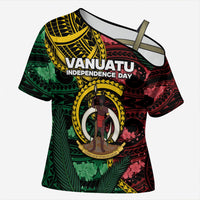 Personalised Vanuatu Independence Day Cross Shoulder Shirt Boar Tusk Warrior Tribal Floral Patterns DT05 Female Multicolor - Polynesian Pride