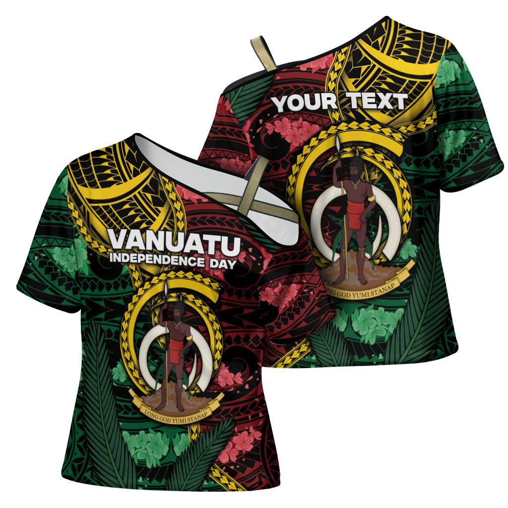 Personalised Vanuatu Independence Day Cross Shoulder Shirt Boar Tusk Warrior Tribal Floral Patterns DT05 - Polynesian Pride