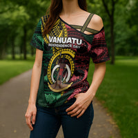 Personalised Vanuatu Independence Day Cross Shoulder Shirt Boar Tusk Warrior Tribal Floral Patterns DT05 - Polynesian Pride