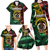 Personalised Vanuatu Independence Day Family Matching Long Sleeve Bodycon Dress and Hawaiian Shirt Boar Tusk Warrior Tribal Floral Patterns DT05 - Polynesian Pride