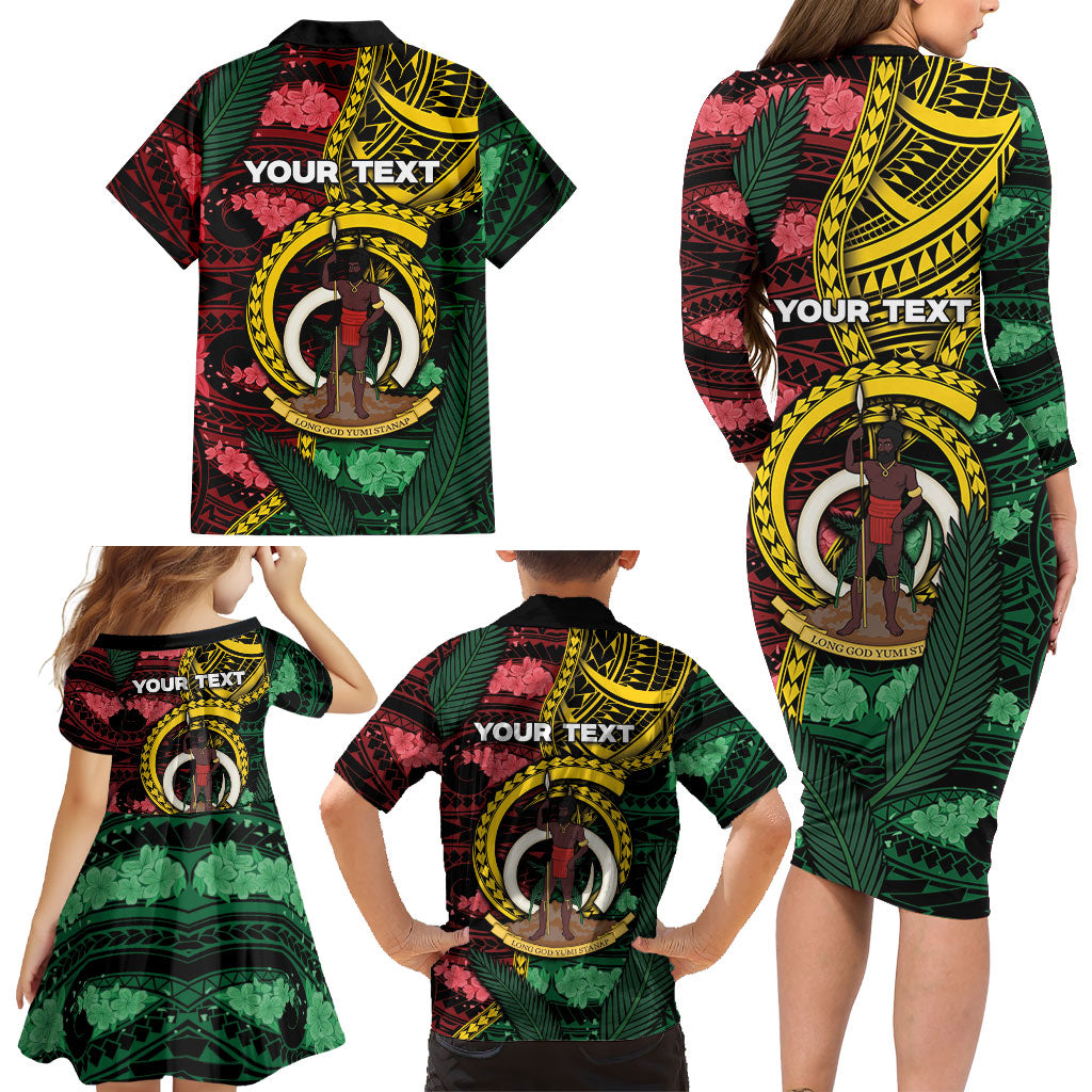 Personalised Vanuatu Independence Day Family Matching Long Sleeve Bodycon Dress and Hawaiian Shirt Boar Tusk Warrior Tribal Floral Patterns DT05 - Polynesian Pride