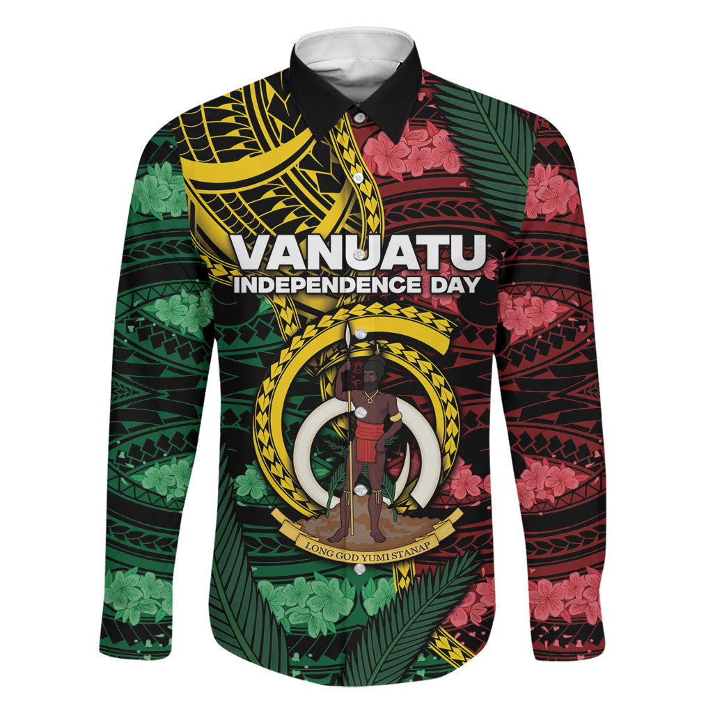 Personalised Vanuatu Independence Day Family Matching Long Sleeve Bodycon Dress and Hawaiian Shirt Boar Tusk Warrior Tribal Floral Patterns DT05 Dad's Shirt - Long Sleeve Multicolor - Polynesian Pride