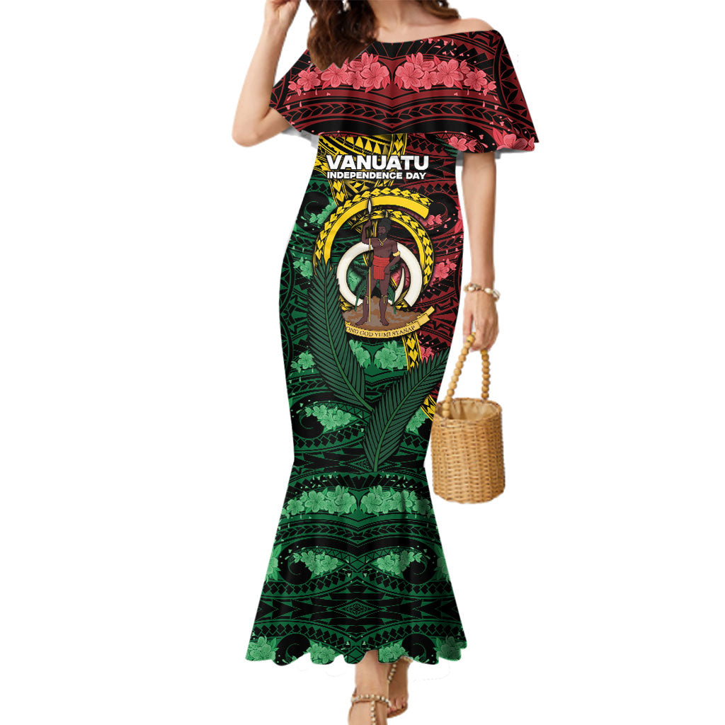 Personalised Vanuatu Independence Day Family Matching Mermaid Dress and Hawaiian Shirt Boar Tusk Warrior Tribal Floral Patterns DT05 Mom's Dress Multicolor - Polynesian Pride