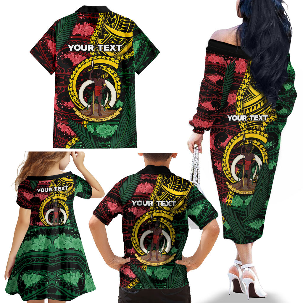 Personalised Vanuatu Independence Day Family Matching Off The Shoulder Long Sleeve Dress and Hawaiian Shirt Boar Tusk Warrior Tribal Floral Patterns DT05 - Polynesian Pride