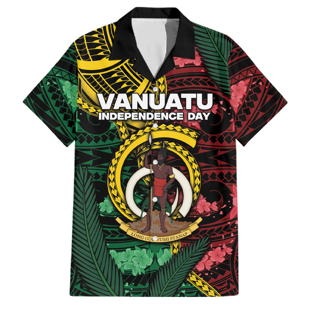 Personalised Vanuatu Independence Day Family Matching Off The Shoulder Long Sleeve Dress and Hawaiian Shirt Boar Tusk Warrior Tribal Floral Patterns DT05 Dad's Shirt - Short Sleeve Multicolor - Polynesian Pride