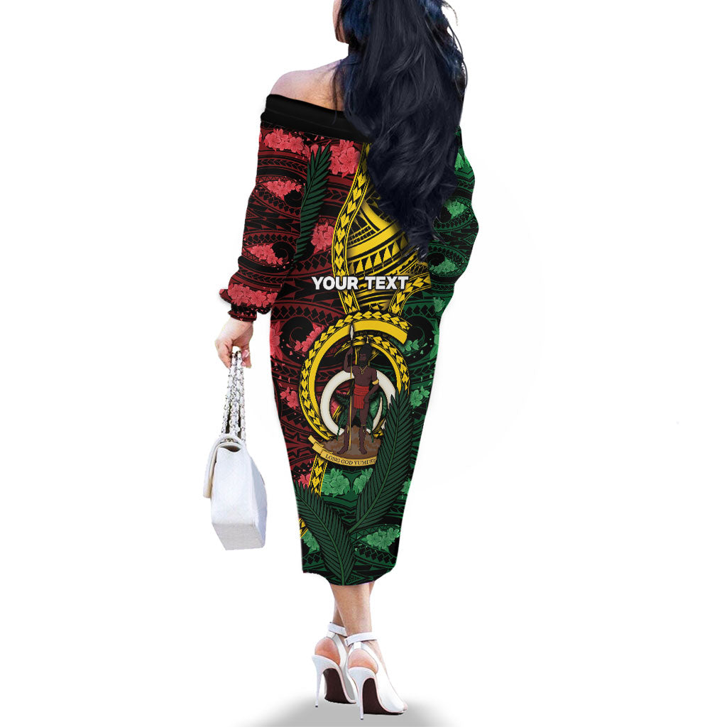 Personalised Vanuatu Independence Day Family Matching Off The Shoulder Long Sleeve Dress and Hawaiian Shirt Boar Tusk Warrior Tribal Floral Patterns DT05 - Polynesian Pride