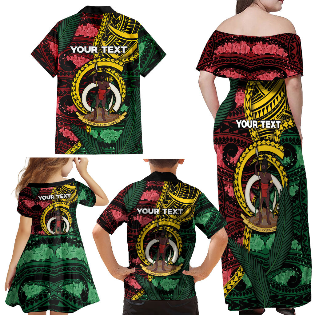 Personalised Vanuatu Independence Day Family Matching Off Shoulder Maxi Dress and Hawaiian Shirt Boar Tusk Warrior Tribal Floral Patterns DT05 - Polynesian Pride
