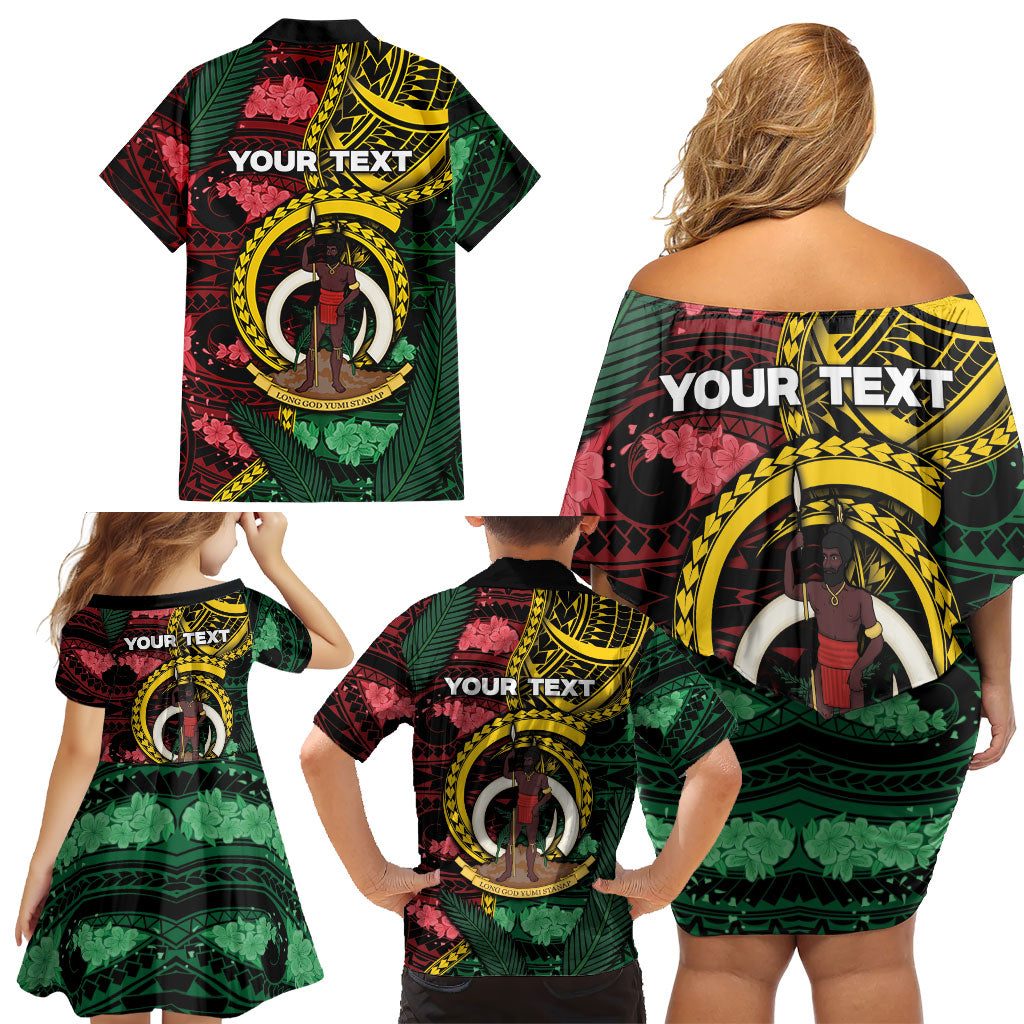 Personalised Vanuatu Independence Day Family Matching Off Shoulder Short Dress and Hawaiian Shirt Boar Tusk Warrior Tribal Floral Patterns DT05 - Polynesian Pride