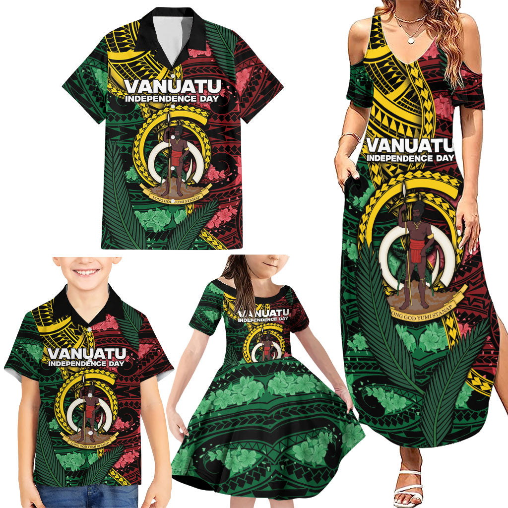 Personalised Vanuatu Independence Day Family Matching Summer Maxi Dress and Hawaiian Shirt Boar Tusk Warrior Tribal Floral Patterns DT05 - Polynesian Pride