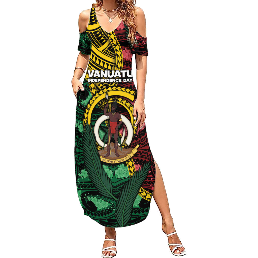 Personalised Vanuatu Independence Day Family Matching Summer Maxi Dress and Hawaiian Shirt Boar Tusk Warrior Tribal Floral Patterns DT05 Mom's Dress Multicolor - Polynesian Pride