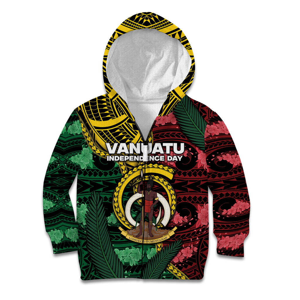 Personalised Vanuatu Independence Day Kid Hoodie Boar Tusk Warrior Tribal Floral Patterns DT05 Zip Hoodie Multicolor - Polynesian Pride