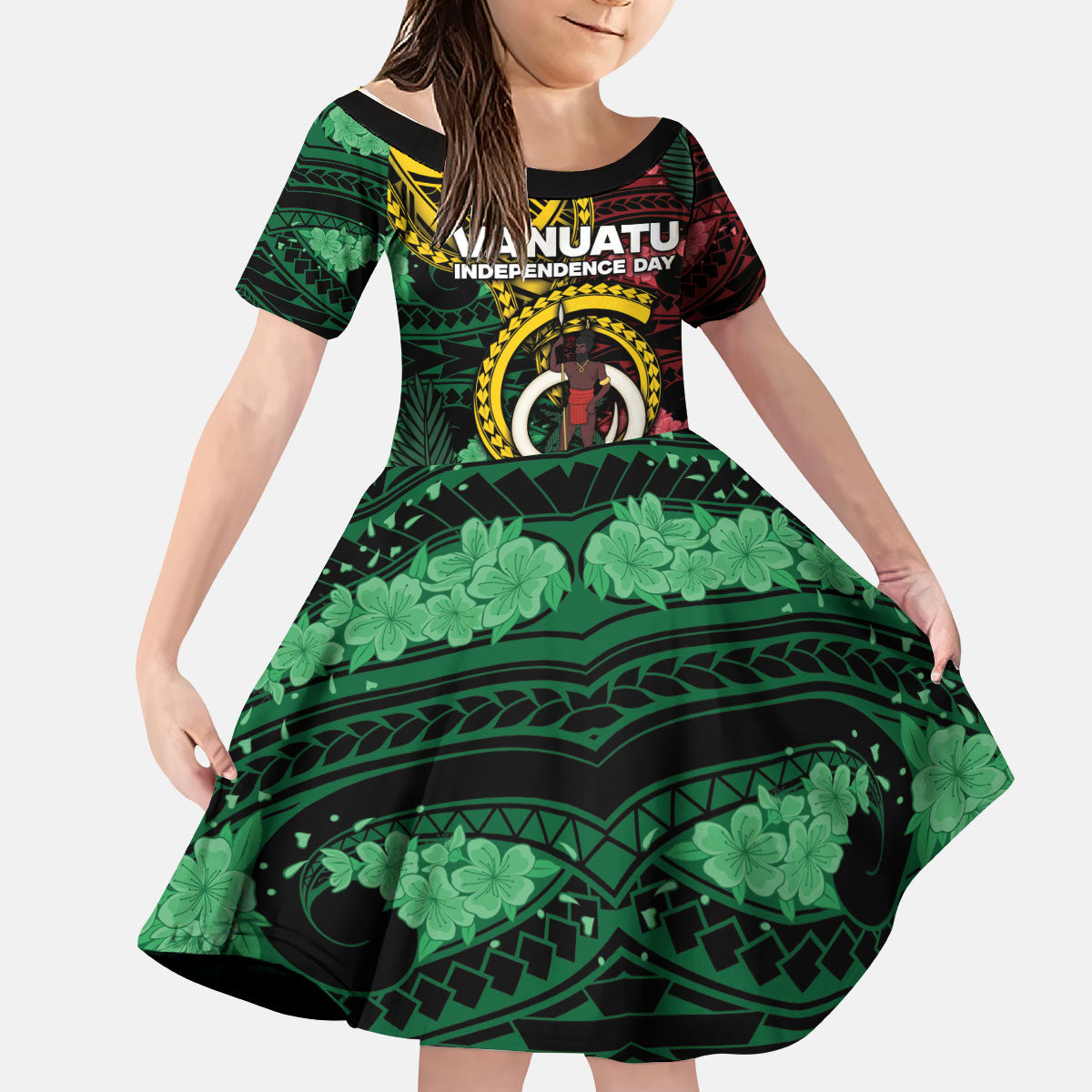 Personalised Vanuatu Independence Day Kid Short Sleeve Dress Boar Tusk Warrior Tribal Floral Patterns DT05 KID Multicolor - Polynesian Pride