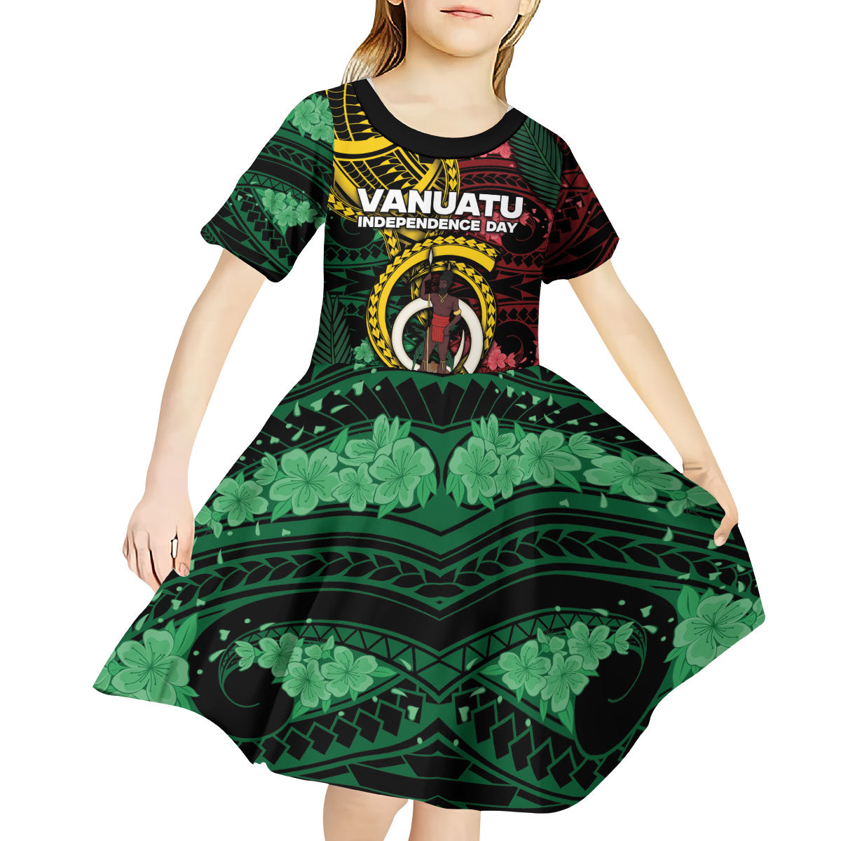 Personalised Vanuatu Independence Day Kid Short Sleeve Dress Boar Tusk Warrior Tribal Floral Patterns DT05 - Polynesian Pride