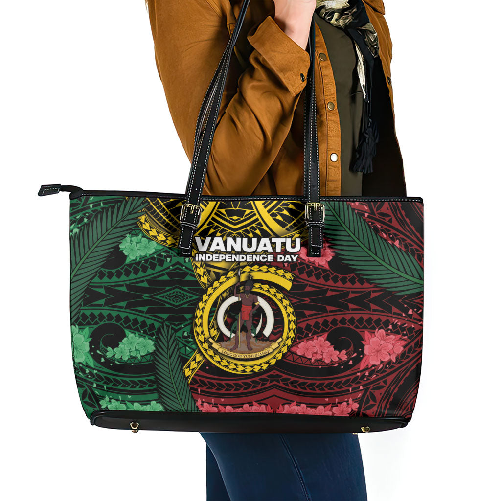 Vanuatu Independence Day Leather Tote Bag Boar Tusk Warrior Tribal Floral Patterns DT05 - Polynesian Pride