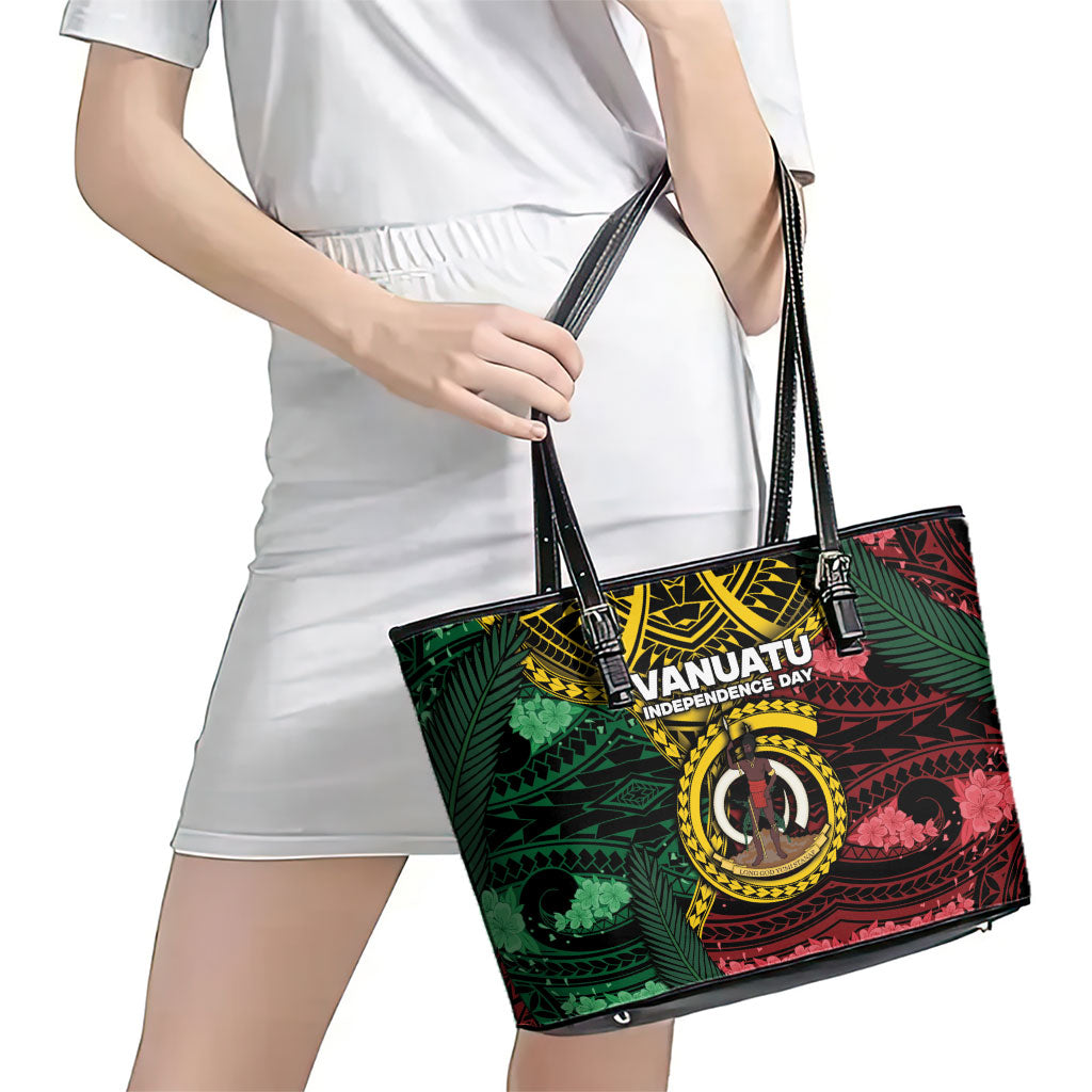 Vanuatu Independence Day Leather Tote Bag Boar Tusk Warrior Tribal Floral Patterns DT05 - Polynesian Pride