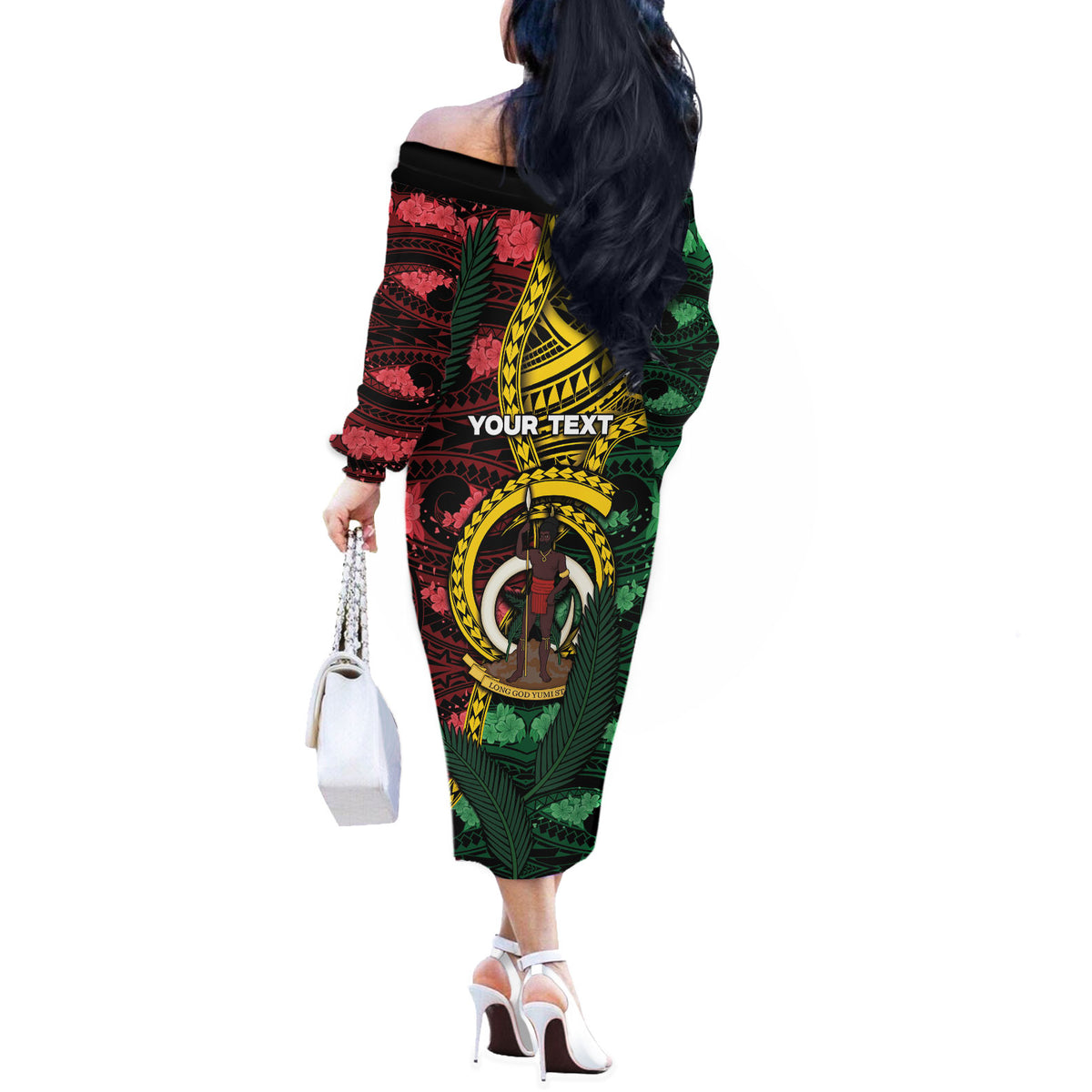 Personalised Vanuatu Independence Day Off The Shoulder Long Sleeve Dress Boar Tusk Warrior Tribal Floral Patterns DT05 - Polynesian Pride