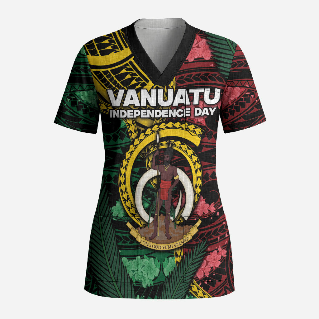 Personalised Vanuatu Independence Day Scrub Top Boar Tusk Warrior Tribal Floral Patterns DT05 Adult Multicolor - Polynesian Pride