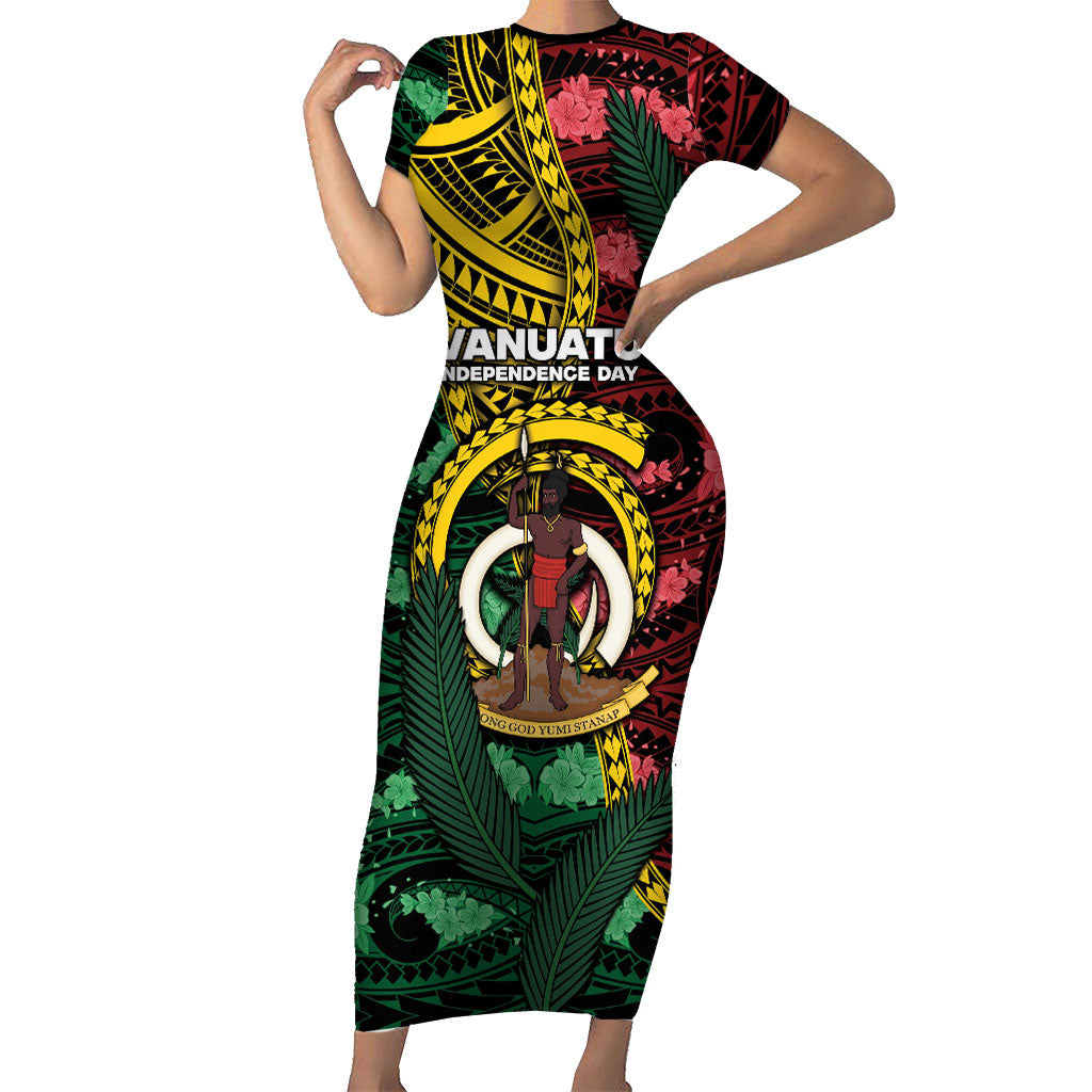 Personalised Vanuatu Independence Day Short Sleeve Bodycon Dress Boar Tusk Warrior Tribal Floral Patterns DT05 Long Dress Multicolor - Polynesian Pride