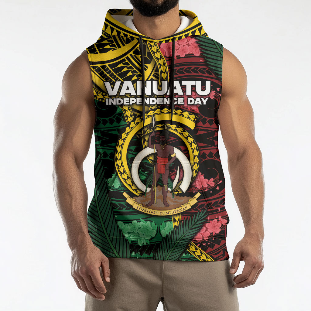 Personalised Vanuatu Independence Day Sleeveless Hoodie Boar Tusk Warrior Tribal Floral Patterns DT05 - Polynesian Pride