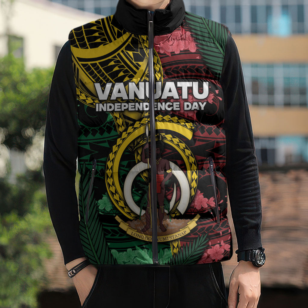 Personalised Vanuatu Independence Day Sleeveless Puffer Jacket Boar Tusk Warrior Tribal Floral Patterns DT05 - Polynesian Pride