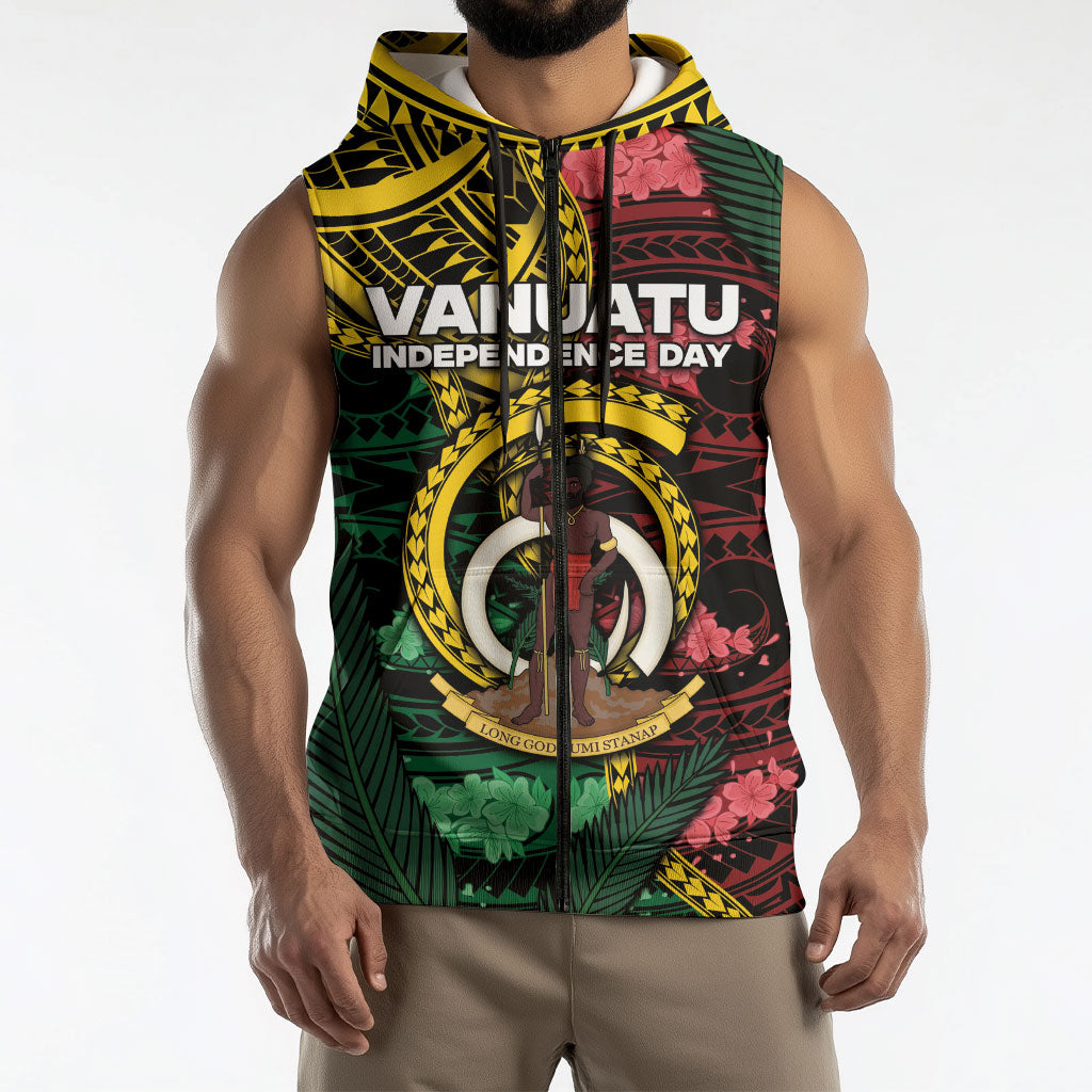 Personalised Vanuatu Independence Day Sleeveless Zip Hoodie Boar Tusk Warrior Tribal Floral Patterns DT05 - Polynesian Pride