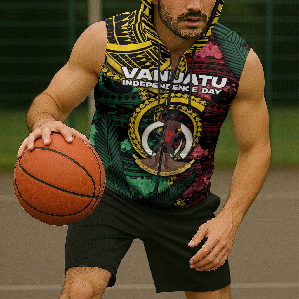 Personalised Vanuatu Independence Day Sleeveless Zip Hoodie Boar Tusk Warrior Tribal Floral Patterns DT05 - Polynesian Pride
