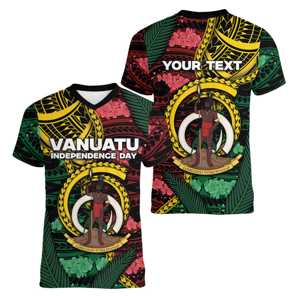 Personalised Vanuatu Independence Day Women V-Neck T-Shirt Boar Tusk Warrior Tribal Floral Patterns DT05 - Polynesian Pride