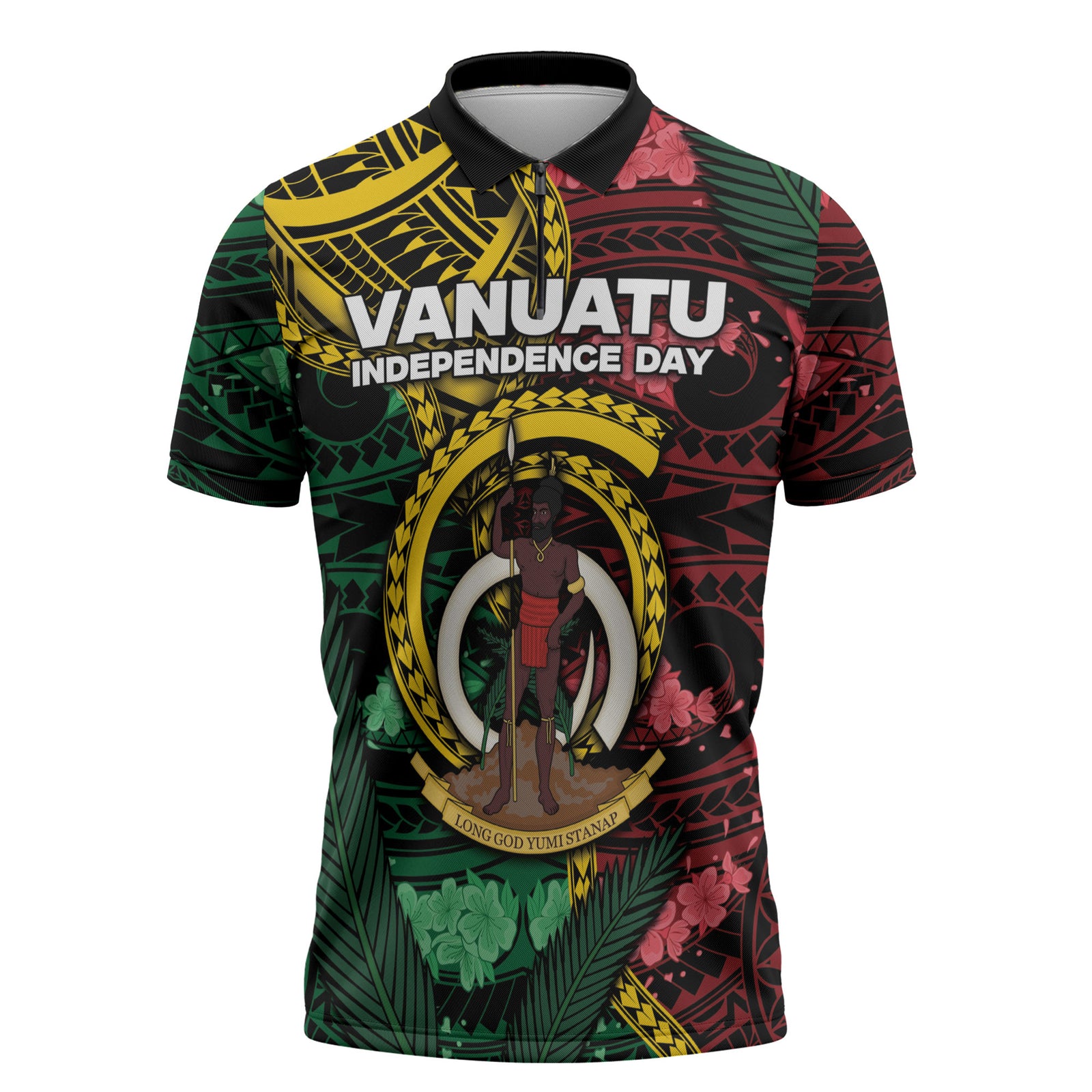 Personalised Vanuatu Independence Day Zipper Polo Shirt Boar Tusk Warrior Tribal Floral Patterns DT05 Multicolor - Polynesian Pride