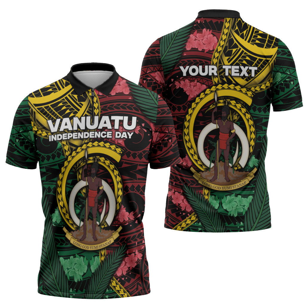 Personalised Vanuatu Independence Day Zipper Polo Shirt Boar Tusk Warrior Tribal Floral Patterns DT05 - Polynesian Pride