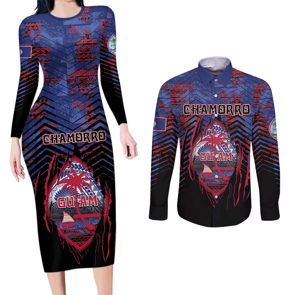 Personalised Guam Couples Matching Long Sleeve Bodycon Dress and Long Sleeve Button Shirt Chamorro Seal Tribal Scratch Design DT05 Navy - Polynesian Pride