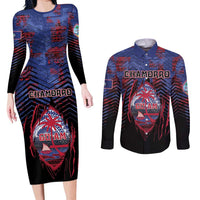 Personalised Guam Couples Matching Long Sleeve Bodycon Dress and Long Sleeve Button Shirt Chamorro Seal Tribal Scratch Design DT05 Navy - Polynesian Pride