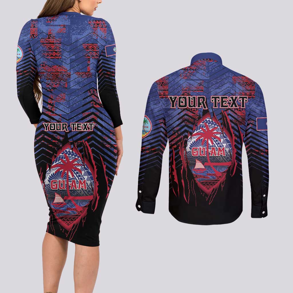 Personalised Guam Couples Matching Long Sleeve Bodycon Dress and Long Sleeve Button Shirt Chamorro Seal Tribal Scratch Design DT05 - Polynesian Pride