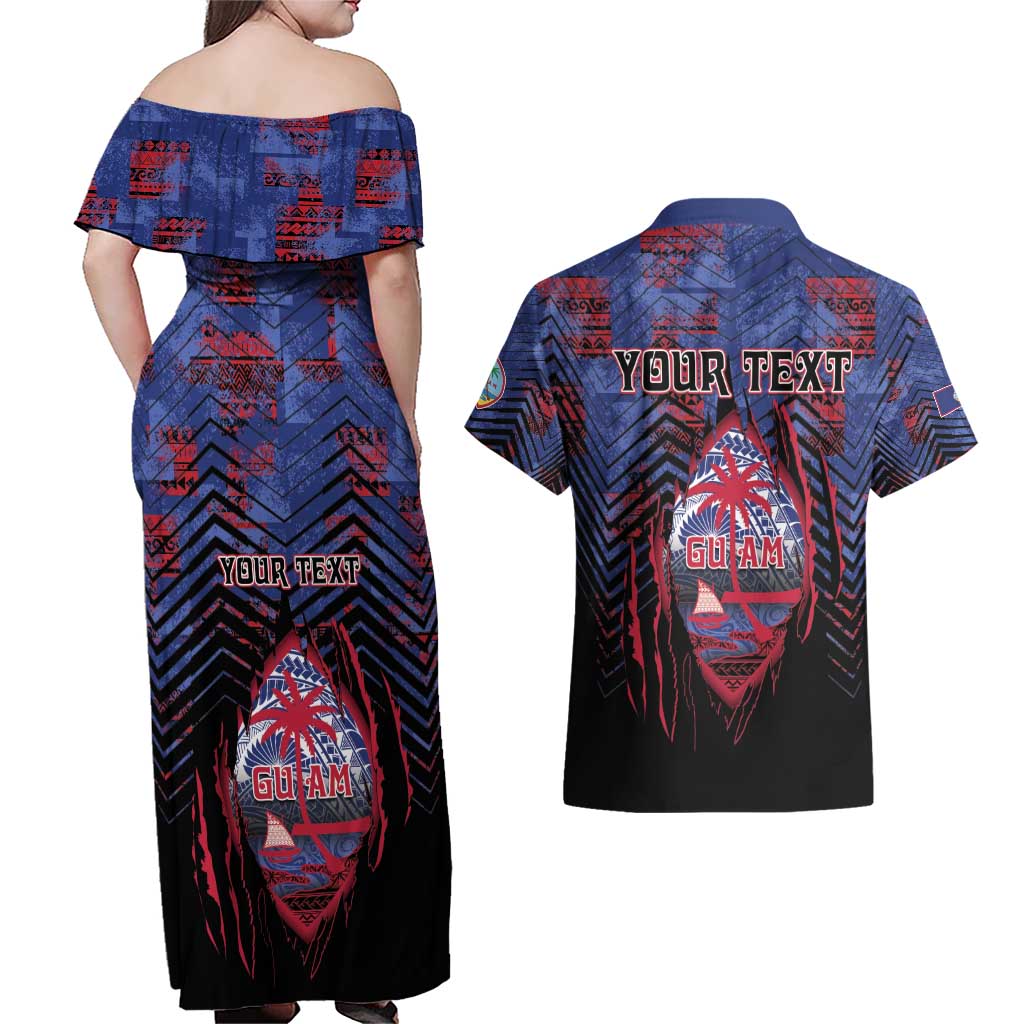 Personalised Guam Couples Matching Off Shoulder Maxi Dress and Hawaiian Shirt Chamorro Seal Tribal Scratch Design - Polynesian Pride