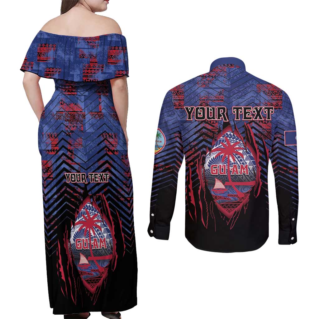 Personalised Guam Couples Matching Off Shoulder Maxi Dress and Long Sleeve Button Shirt Chamorro Seal Tribal Scratch Design - Polynesian Pride