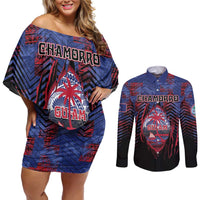 Personalised Guam Couples Matching Off Shoulder Short Dress and Long Sleeve Button Shirt Chamorro Seal Tribal Scratch Design - Polynesian Pride