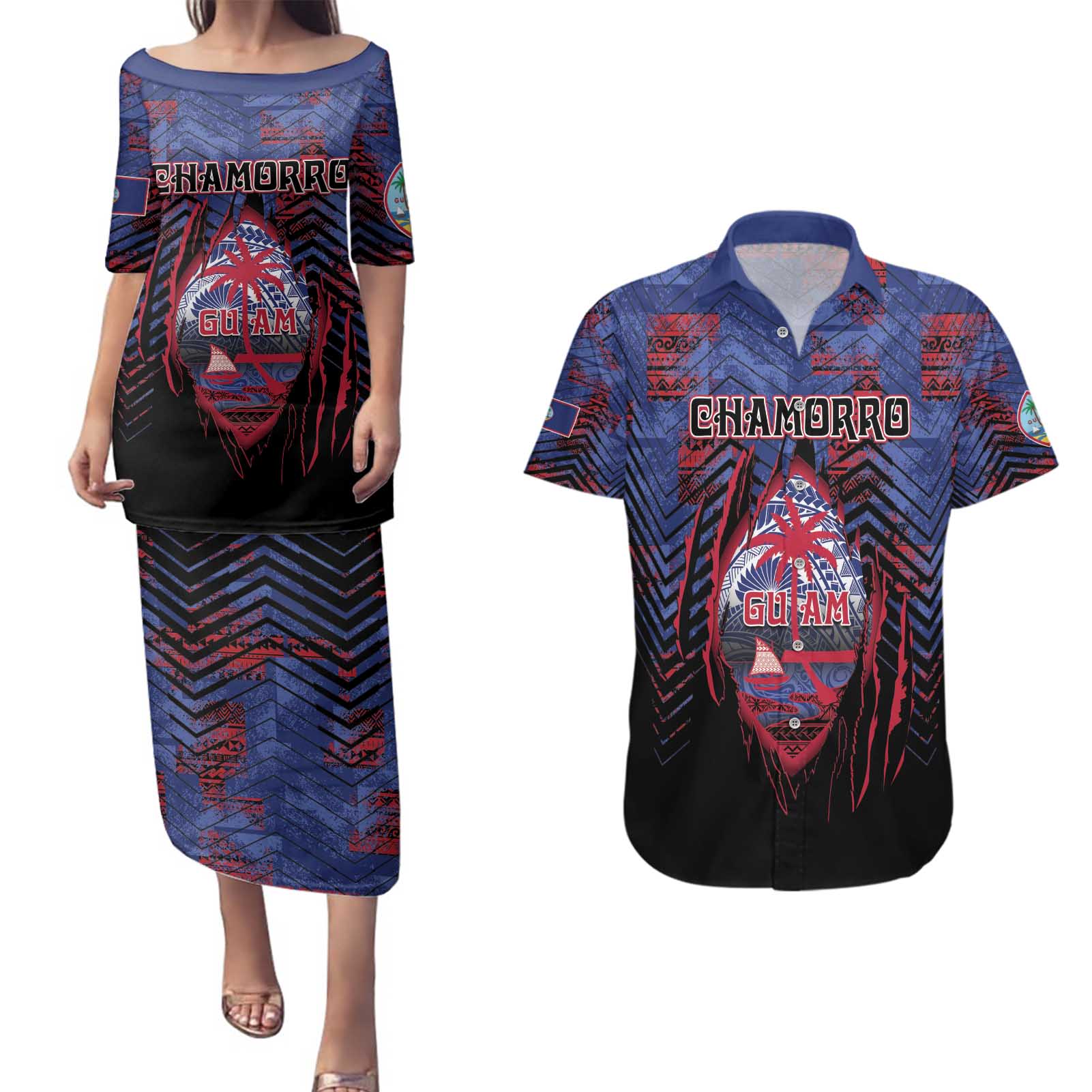 Personalised Guam Couples Matching Puletasi and Hawaiian Shirt Chamorro Seal Tribal Scratch Design - Polynesian Pride