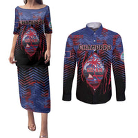 Personalised Guam Couples Matching Puletasi and Long Sleeve Button Shirt Chamorro Seal Tribal Scratch Design - Polynesian Pride